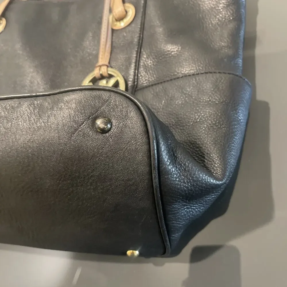 MICHAEL KORS Jet Set Black Pebbled Leather Tote Large Shoulder Handbag